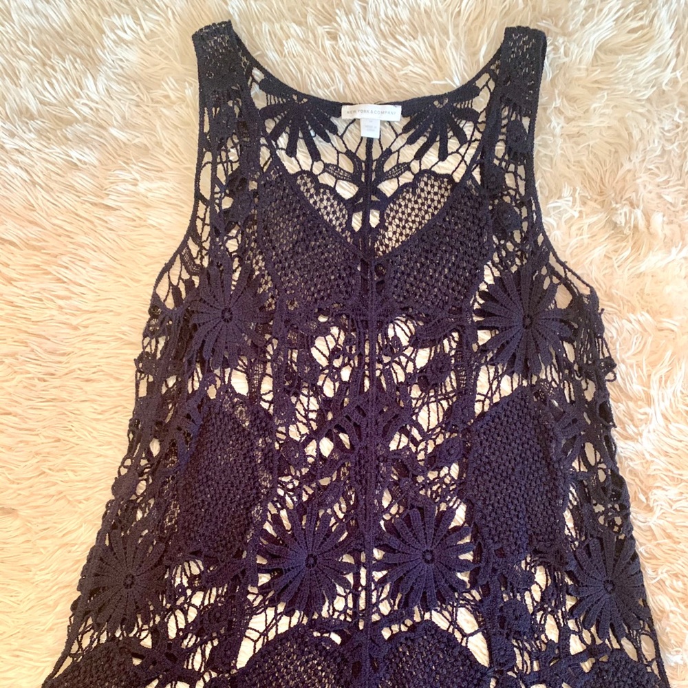 New York & Co Crochet Top Navy Blue Med